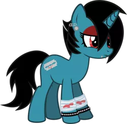 Size: 1276x1244 | Tagged: semi-grimdark, artist:lightningbolt, derpibooru import, oc, oc:sharp edge, unofficial characters only, pony, unicorn, .svg available, bandage, blood, cutie mark, ear piercing, emo, eyeliner, eyeshadow, female, gauges, hair over one eye, makeup, mare, painted horn, piercing, razor, sad, safety pin, self harm, simple background, snake bites, solo, spiked wristband, svg, transparent background, vector, wristband