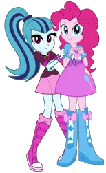 Size: 3760x6116 | Tagged: safe, artist:bubblestormx, derpibooru import, pinkie pie, sonata dusk, equestria girls, absurd resolution, balloon, boots, bracelet, clothes, cute, hands on arms, high heel boots, jewelry, looking at you, peekaboo, ponytail, simple background, skirt, sonatabetes, spikes, transparent background, vector