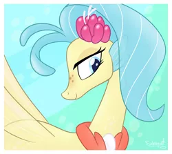 Size: 1024x912 | Tagged: artist:flourret, blue eyes, bubble, dead source, derpibooru import, female, fin wings, flower, flower in hair, freckles, jewelry, looking down, my little pony: the movie, necklace, pearl necklace, princess skystar, safe, seapony (g4), signature, simple background, smiling, solo, underwater, water, wings