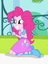 Size: 261x348 | Tagged: safe, derpibooru import, pinkie pie, equestria girls, pinkie on the one, rainbow rocks, balloon, banner, boots, bracelet, clothes, cute, fence, high heel boots, jewelry, skirt, smiling