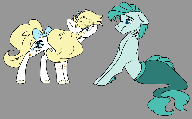 Size: 1600x989 | Tagged: safe, artist:torusthescribe, derpibooru import, oc, oc:beauregard, oc:duchess, oc:freckles, unofficial characters only, earth pony, merpony, pony, bow, female, freckles, gills, male, mare, offspring, parent:applejack, parent:prince blueblood, parents:bluejack, simple background, tail bow