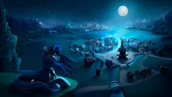 Size: 5120x2880 | Tagged: safe, artist:l1nkoln, derpibooru import, princess luna, alicorn, pony, absurd resolution, cliff, commission, female, folded wings, forest, full moon, looking away, looking up, mare, moon, moonlight, mountain, night, ponyville, prone, river, scenery, scenery porn, sky, solo, stars
