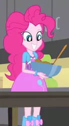 Size: 247x446 | Tagged: safe, derpibooru import, pinkie pie, equestria girls, pinkie on the one, rainbow rocks, balloon, boots, bowl, bracelet, clothes, high heel boots, jewelry, skirt, smiling, spoon, table