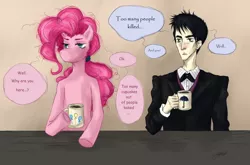 Size: 3169x2089 | Tagged: artist:sandver, clothes, coffee, crossover, derpibooru import, high res, human, implied cupcakes, oswald cobblepot, pinkie pie, safe, the penguin