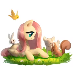 Size: 2900x2654 | Tagged: safe, artist:r-1629, derpibooru import, angel bunny, fluttershy, bird, pegasus, pony, rabbit, sheep, squirrel, animal, female, flower, folded wings, grass, lamb, looking at something, mare, profile, prone, smiling