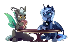 Size: 3493x2180 | Tagged: safe, artist:magnaluna, derpibooru import, princess luna, oc, alicorn, changeling, pony, bowl, cereal, changeling oc, cuteling, food, high res, s1 luna, simple background, sitting, spoon, table, transparent background