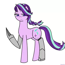 Size: 1280x1280 | Tagged: safe, artist:hayley566, derpibooru import, starlight glimmer, pony, unicorn, celestial advice, amputee, automail, crossover, fullmetal alchemist, prosthetic limb, prosthetics, raised hoof, simple background, solo, squint, white background