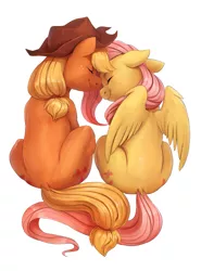 Size: 1207x1631 | Tagged: safe, artist:audrarius, derpibooru import, applejack, fluttershy, earth pony, pegasus, pony, 30 minute art challenge, appleshy, both cutie marks, eyes closed, female, floppy ears, lesbian, nuzzling, rear view, shipping, simple background, sitting, smiling, white background