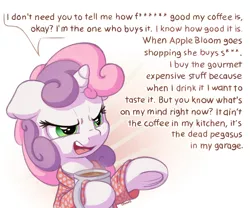 Size: 1500x1250 | Tagged: safe, artist:bobdude0, derpibooru import, sweetie belle, pony, unicorn, clothes, coffee, female, filly, movie quote, mug, pulp fiction, robe, solo, underhoof, vulgar