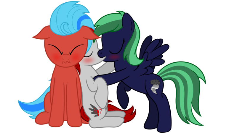 Size: 5042x2836 | Tagged: absurd resolution, artist:waveywaves, derpibooru import, jealous, kissing, oc, oc:flare burn, oc:middy, oc:waves, safe, shipping, unofficial characters only