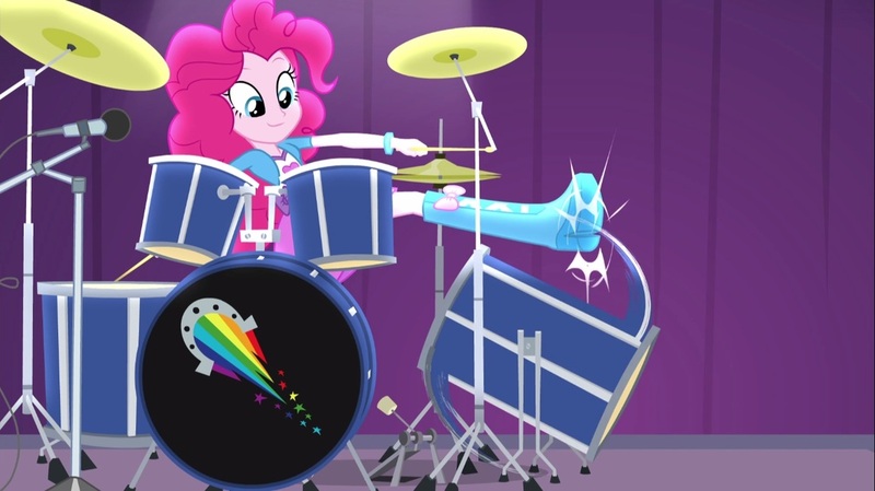 Size: 1100x618 | Tagged: safe, derpibooru import, screencap, pinkie pie, equestria girls, rainbow rocks, boot, bracelet, clothes, cymbals, drum kit, drums, jewelry, logo, microphone, musical instrument, skirt