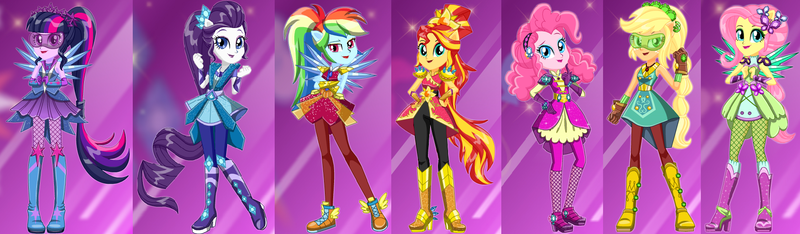 Size: 1832x535 | Tagged: safe, artist:unicornsmile, derpibooru import, applejack, fluttershy, pinkie pie, rainbow dash, rarity, sci-twi, sunset shimmer, twilight sparkle, equestria girls, legend of everfree, boots, clothes, crystal guardian, crystal wings, glasses, gloves, high heel boots, humane five, humane seven, humane six, looking at you, pants, ponied up, ponytail, shoes, smiling, sneakers, sparkles, starsue, super ponied up, visor, wings