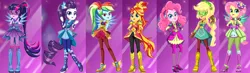 Size: 1832x535 | Tagged: safe, artist:unicornsmile, derpibooru import, applejack, fluttershy, pinkie pie, rainbow dash, rarity, sci-twi, sunset shimmer, twilight sparkle, equestria girls, legend of everfree, boots, clothes, crystal guardian, crystal wings, glasses, gloves, high heel boots, humane five, humane seven, humane six, looking at you, pants, ponied up, ponytail, shoes, smiling, sneakers, sparkles, starsue, super ponied up, visor, wings