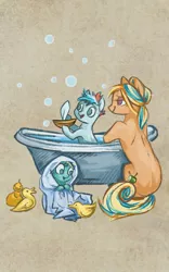 Size: 800x1280 | Tagged: artist needed, bath, bathtub, claw foot bathtub, derpibooru import, duck, foal, my little brony risovach, oc, rubber duck, safe, shower, towel, toy ship, unofficial characters only