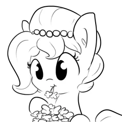 Size: 1280x1280 | Tagged: safe, artist:tjpones, derpibooru import, oc, oc:brownie bun, unofficial characters only, earth pony, pony, horse wife, black and white, clover, cute, female, four leaf clover, grayscale, mare, monochrome, mouth hold, ocbetes, simple background, solo, white background