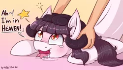 Size: 1400x809 | Tagged: suggestive, artist:dsp2003, artist:lalieri, derpibooru import, oc, oc:anon, oc:sotharia, unofficial characters only, demon pony, human, pony, 4chan, ahegao, blushing, collaboration, comic, crying, cute, dialogue, drool, ear fluff, forked tongue, gradient background, heart eyes, horns, human on pony action, implied sex, interspecies, massage, offscreen character, open mouth, single panel, starry eyes, stars, tongue out, wingding eyes