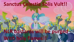 Size: 1280x720 | Tagged: safe, derpibooru import, edit, edited screencap, screencap, princess celestia, alicorn, earth pony, pegasus, pony, unicorn, audience, drama bait, eyes closed, female, horn, latin, looking down, looking up, male, mare, new lunar republic, puffy cheeks, royal guard, smiling, spread wings, stallion, vulgar