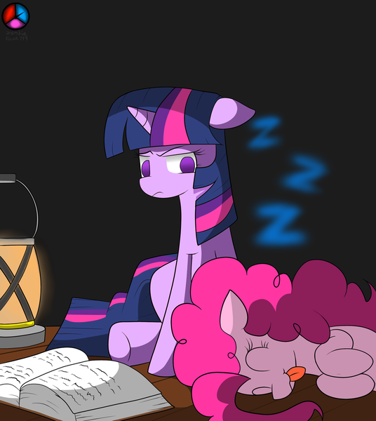 Size: 1280x1434 | Tagged: safe, artist:genericmlp, derpibooru import, pinkie pie, twilight sparkle, pony, book, lamp, sitting, sleeping, tongue out, twilight is not amused, unamused, zzz