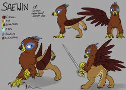 Size: 2000x1428 | Tagged: safe, artist:theandymac, derpibooru import, oc, oc:saewin, unofficial characters only, gryphon, pony, bipedal, male, rapier, reference sheet, solo, sword, weapon