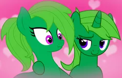 Size: 1120x720 | Tagged: safe, artist:kitana762, derpibooru import, oc, oc:lime dream, oc:mirelani, unofficial characters only, earth pony, pony, unicorn, female, heart, lesbian, lidded eyes, mare, scrunchy face, shipping, smiling