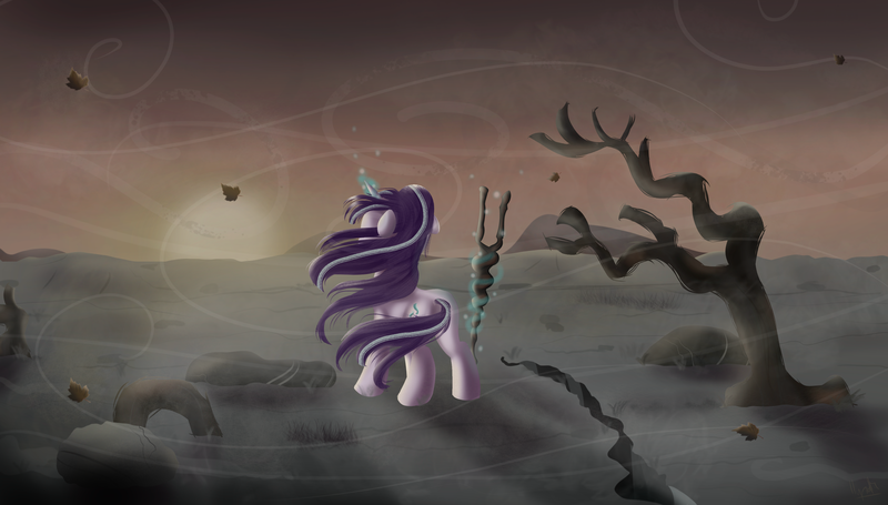 Size: 3800x2159 | Tagged: safe, artist:ilynalta, derpibooru import, starlight glimmer, pony, unicorn, alternate timeline, ashlands timeline, barren, female, high res, implied genocide, levitation, magic, mare, post-apocalyptic, s5 starlight, solo, staff, staff of sameness, telekinesis, wasteland, wind, windswept mane