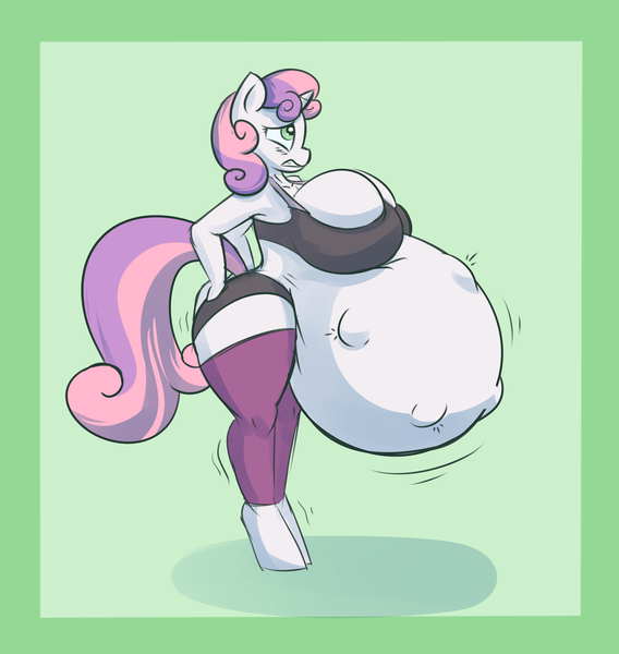 Size: 2305x2437 | Tagged: anthro, artist:funble, belly, big belly, big breasts, breasts, busty sweetie belle, clothes, derpibooru import, female, hyper, hyper pregnancy, impossibly large belly, kicking, leg warmers, older, outie belly button, preggy belle, pregnant, questionable, solo, solo female, sports bra, sports shorts, sweetie belle, unguligrade anthro