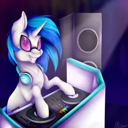 Size: 3897x3893 | Tagged: safe, artist:vavaig69, derpibooru import, vinyl scratch, pony, audio equipment, bipedal, grin, looking at you, smiling, solo, speakers, spotlight, sunglasses, turntable