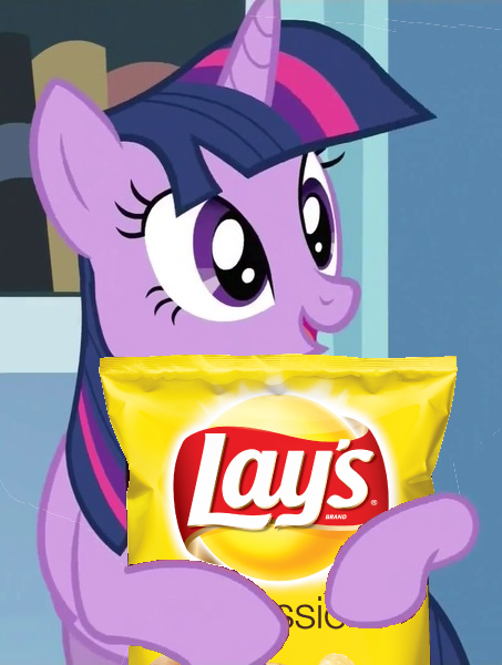 Size: 453x600 | Tagged: safe, derpibooru import, edit, twilight sparkle, pony, unicorn, /mlp/, 4chan, chips, cute, exploitable meme, food, hug, lays, meme, open mouth, ponies just love lays, potato chips, smiling, solo, twilight holding food