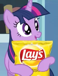 Size: 453x600 | Tagged: safe, derpibooru import, edit, twilight sparkle, pony, unicorn, /mlp/, 4chan, chips, cute, exploitable meme, food, hug, lays, meme, open mouth, ponies just love lays, potato chips, smiling, solo, twilight holding food