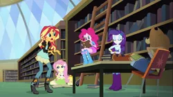 Size: 1100x618 | Tagged: safe, derpibooru import, screencap, angel bunny, applejack, fluttershy, pinkie pie, rarity, sunset shimmer, equestria girls, friendship games, arm behind head, backpack, book, boots, bracelet, chair, clothes, cowboy boots, high heel boots, jacket, jewelry, ladder, leather jacket, library, mirror, skirt, table