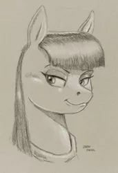 Size: 1000x1460 | Tagged: safe, artist:baron engel, derpibooru import, maud pie, earth pony, pony, bust, female, mare, monochrome, pencil drawing, portrait, sketch, smiling, solo, traditional art