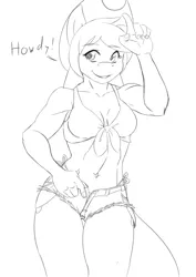 Size: 1344x1900 | Tagged: abs, anthro, applejack, artist:the-unicorn-lord, belly button, clothes, daisy dukes, derpibooru import, front knot midriff, midriff, monochrome, patreon reward, safe, shorts, sketch, thing