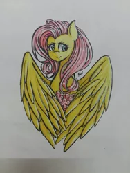 Size: 720x960 | Tagged: safe, artist:minatosui, derpibooru import, fluttershy, bust, flower, looking away, looking sideways, portrait, simple background, smiling, solo, spread wings, traditional art