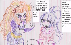 Size: 1134x715 | Tagged: safe, artist:orochivanus, derpibooru import, adagio dazzle, sonata dusk, equestria girls, angry, blushing, breasts, cleavage, female, implied pregnancy, lined paper, open mouth, spanish text, traditional art