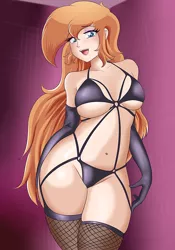 Size: 630x900 | Tagged: artist:thebrokencog, belly button, big breasts, black underwear, blushing, bra, breasts, clothes, derpibooru import, evening gloves, eyelashes, eyeshadow, female, fishnets, from below, gloves, human, humanized, humanized oc, indoors, long gloves, looking at you, looking down at you, low angle, makeup, oc, oc:peachy cream, open mouth, panties, pose, sexy, smiling, solo, solo female, suggestive, sultry, sultry pose, thick, thighs, thunder thighs, underboob, underwear, unofficial characters only, wide hips