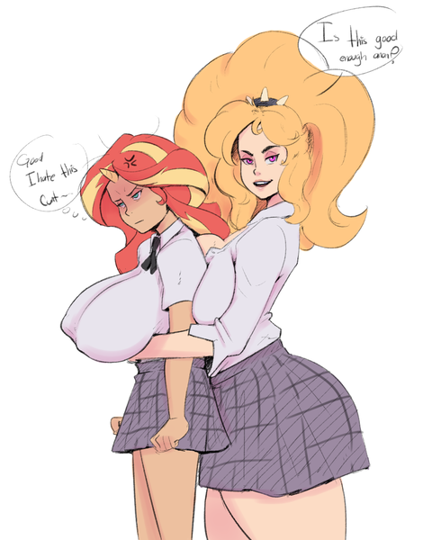 Size: 897x1099 | Tagged: suggestive, artist:sundown, derpibooru import, adagio dazzle, sunset shimmer, equestria girls, adagio dat-azzle, arm under breasts, bedroom eyes, big breasts, boob squish, breasts, busty sunset shimmer, clothes, dialogue, female, grope, horned humanization, huge breasts, huge butt, implied anon, large butt, lesbian, school uniform, schoolgirl, shipping, simple background, size difference, skirt, speech bubble, sunsagio, the ass was fat, thought bubble, unamused, vulgar, white background