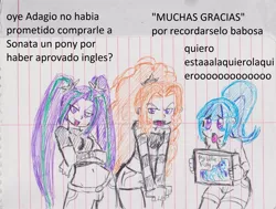 Size: 2359x1787 | Tagged: safe, artist:orochivanus, derpibooru import, adagio dazzle, aria blaze, sonata dusk, equestria girls, annoyed, box, clothes, lined paper, midriff, short shirt, shorts, spanish, the dazzlings, toy, traditional art, translated in the description