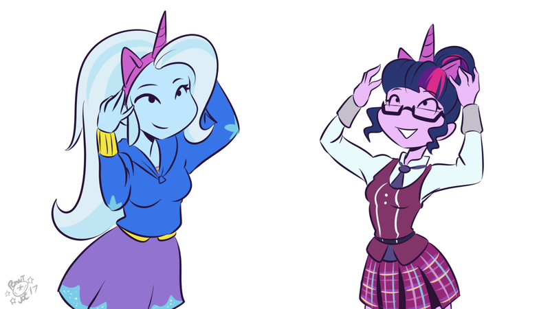 Size: 1280x720 | Tagged: safe, artist:ponut_joe, derpibooru import, sci-twi, trixie, twilight sparkle, equestria girls, blushing, breasts, clothes, cropped, explicit source, fake horn, female, glasses, lesbian, open mouth, pony ears, sci-twixie, shipping, simple background, smiling, twixie, white background
