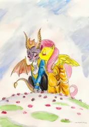 Size: 2431x3462 | Tagged: safe, artist:souleatersaku90, derpibooru import, fluttershy, dragon, pegasus, pony, beauty and the beast, blushing, clothes, crack shipping, crossover, crossover shipping, dress, eyes closed, female, flutterspyro, kiss on the cheek, kissing, male, mare, raised hoof, shipping, spread wings, spyro the dragon, straight, traditional art, watercolor painting
