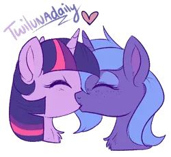 Size: 630x579 | Tagged: safe, artist:lulubell, derpibooru import, princess luna, twilight sparkle, twilight sparkle (alicorn), alicorn, pony, unicorn, chest fluff, eyes closed, female, freckles, heart, kissing, lesbian, s1 luna, shipping, simple background, transparent background, twiluna