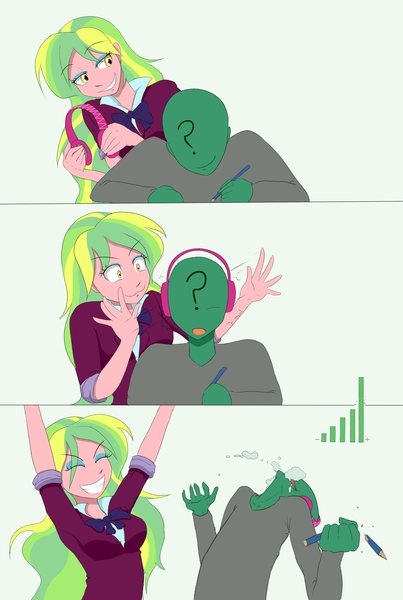 Size: 2550x3800 | Tagged: safe, artist:janji009, derpibooru import, lemon zest, oc, oc:anon, equestria girls, friendship games, :3, anonbuse, clothes, crystal prep academy uniform, duo, ear rape, eyes closed, foaming at the mouth, grin, headphones, pencil, school uniform, smiling, this will end in deafness