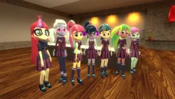 Size: 1280x720 | Tagged: safe, artist:shafty817, derpibooru import, indigo zap, lemon zest, moondancer, sci-twi, sour sweet, sugarcoat, sunny flare, twilight sparkle, equestria girls, 3d, bowtie, clothes, crystal prep academy uniform, freckles, glasses, goggles, headphones, looking at you, necktie, new and improved sci-twi, reformed, school uniform, shadow seven, shoes, socks, source filmmaker