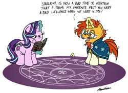 Size: 2299x1671 | Tagged: safe, artist:bobthedalek, derpibooru import, starlight glimmer, sunburst, pony, unicorn, celestial advice, annoyed, book, chalk, drawing, duo, female, frown, glare, levitation, magic, magic circle, male, mare, messy mane, nervous, open mouth, pentagram, reading, simple background, stallion, summoning circle, telekinesis, this will end in demons, this will end in tears, this will end with two hooves missing and a walking suit of armor, this will not end well, unamused, white background, worried