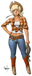 Size: 626x1488 | Tagged: abs, applejack, artist:cherrypod, belly button, boots, clothes, derpibooru import, front knot midriff, human, humanized, jeans, midriff, pants, rope, safe, simple background, solo, straw, tanktop, transparent background