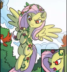 Size: 409x441 | Tagged: safe, artist:tonyfleecs, derpibooru import, idw, fluttershy, pegasus, pony, ponies of dark water, spoiler:comic, spoiler:comic44, angry, comic, cropped, female, flying, mare, official comic, poison ivyshy, red eyes, solo, speech bubble, spread wings, vine, wings