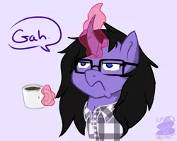 Size: 1024x819 | Tagged: safe, artist:umbraamethyst, derpibooru import, oc, oc:umbra amethyst, unofficial characters only, pony, unicorn, coffee, coffee mug, curved horn, female, flannel, glasses, grumpy, magic, mug, not a morning pony, ponysona, solo