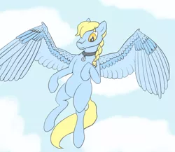 Size: 1500x1300 | Tagged: safe, artist:ononim, derpibooru import, oc, oc:windswept skies, unofficial characters only, pegasus, pony, belly, birthday gift, braid, charm, cloud, collar, flying, looking at you, male, sky, solo, stallion, wings