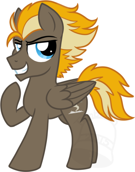 Size: 525x664 | Tagged: safe, artist:tambelon, derpibooru import, oc, oc:dust devil, unofficial characters only, pegasus, pony, male, offspring, parent:dumbbell, parent:lightning dust, parents:lightningbell, solo, stallion, watermark