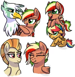 Size: 690x700 | Tagged: safe, artist:tambelon, derpibooru import, oc, oc:gregory, oc:jazz apple, oc:sky bound, oc:zap apple, unofficial characters only, gryphon, pegasus, pony, brother and sister, colt, female, filly, magical lesbian spawn, male, oc x oc, offspring, offspring shipping, parent:applejack, parent:rainbow dash, parents:appledash, shipping, siblings, sketch, sketch dump, straight, watermark