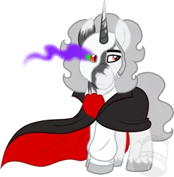 Size: 679x690 | Tagged: safe, artist:tambelon, derpibooru import, king sombra, oc, oc:prince topaz, crystal pony, pony, unicorn, cape, clothes, costume, dark magic, magic, male, mask, phantom of the opera, simple background, solo, sombra eyes, stallion, transparent background